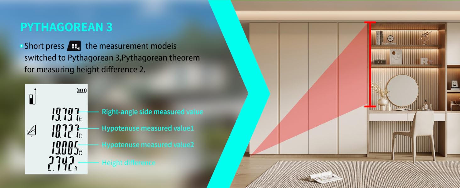 measures hypotenuse, right-angle sides, and calculates height difference.