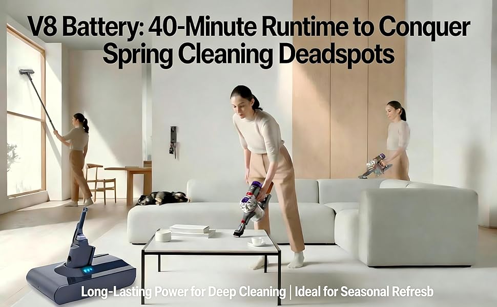 compatible with dyson V8 Battery: 40-Minute Runtime to Conquer Spring Cleaning Deadspots