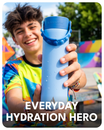 Boy holding an Elemental Core Pop insulated water bottle for teens with Pop-It handle for hydration