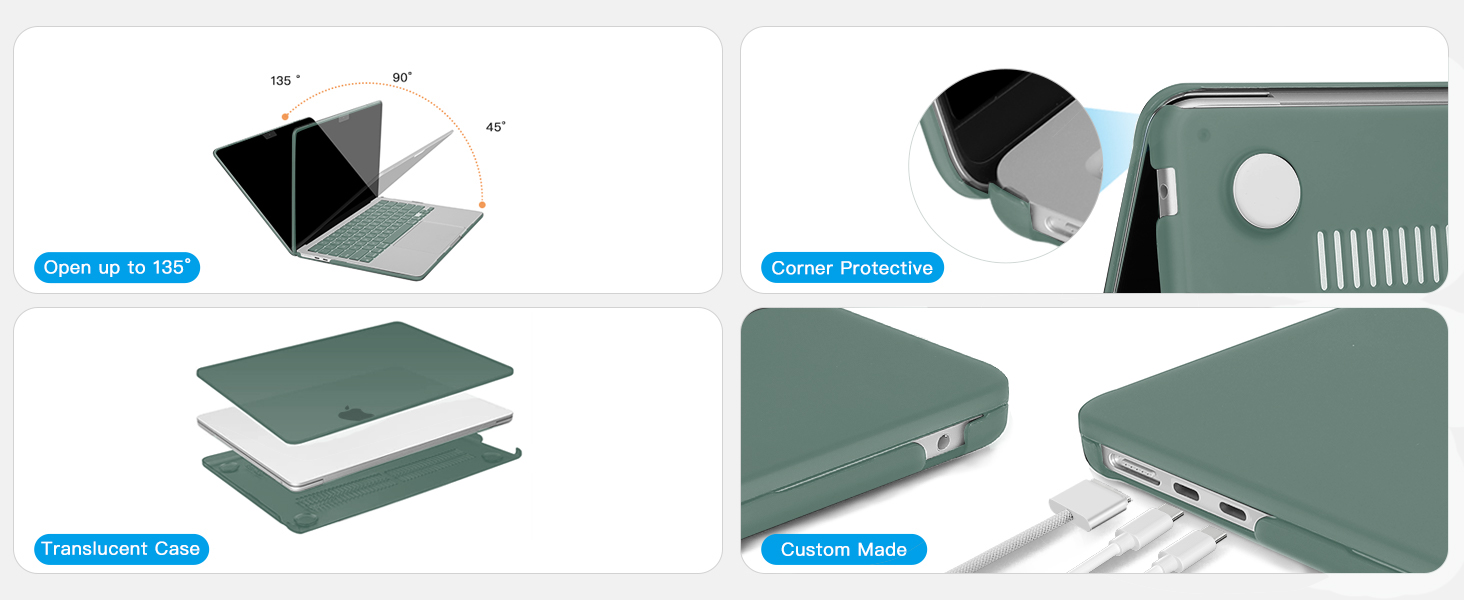 Laptop case with multiple views showing 14-inch size, hardshell construction, and green color. Features include precise cutouts for ports and a slim design with apparent shock absorption.