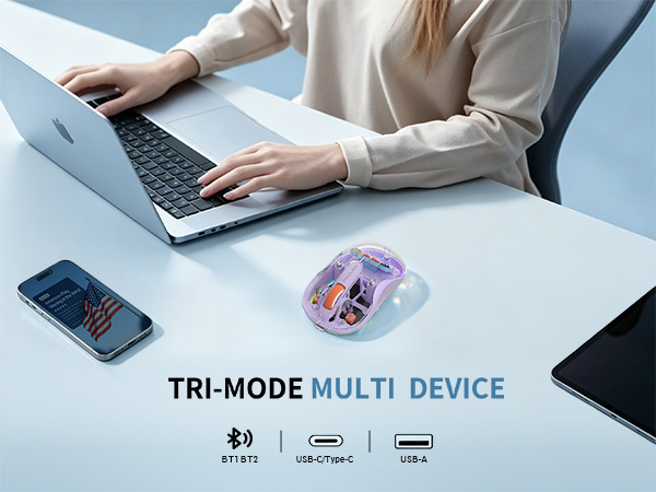 Transparent Wireless Mouse, 2 Cute Figurines, Tri-Mode 2.4G & Dual Bluetooth USB-A & USB-C Receiver