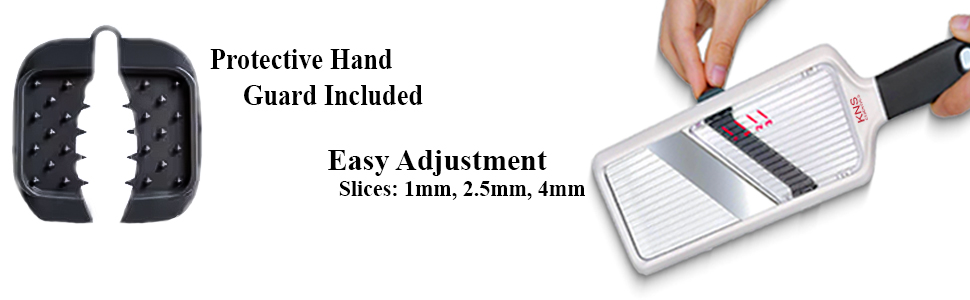 slicer vegetable cutter with safety handle and protective hand guard adjustable thickness blades