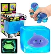 Blue Squeeze Cube with Luminous Devil Fish Inside,Squishy Stress Fidget Gummy Toys ,Glow in The D...