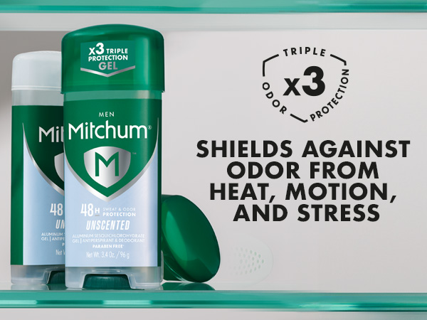 Mitchum Triple Odor Protection shields against odor from heat, motion, and stress