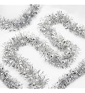 Christmas Tinsel Garland 33Ft Silver Tinsel Garland Christmas Tree Metallic Hanging Garland for C...