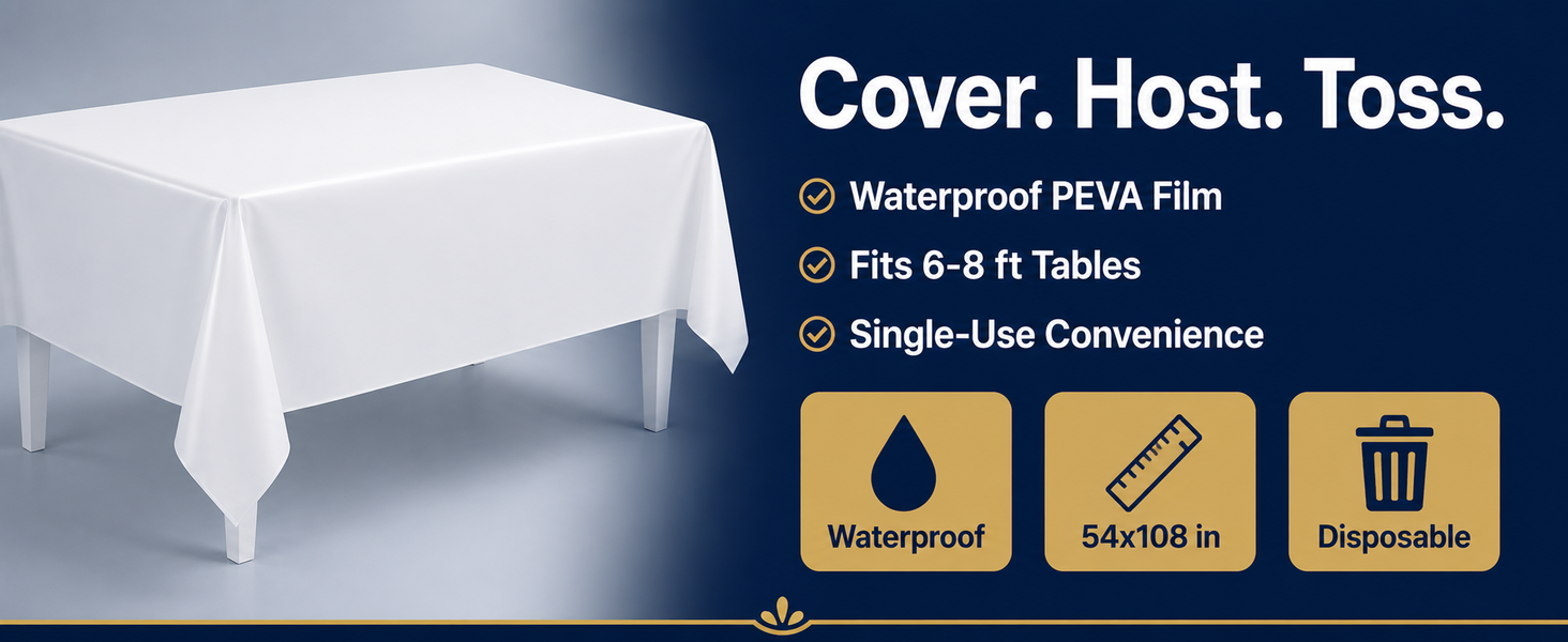 White disposable tablecloth draped over a rectangular banquet table.
