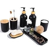 FNGJMJG Matte Black Bathroom Accessories Set 7 Pcs,Bamboo Bathroom Accessories Sets,Black Soap Di...