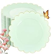 LIYH 100 Pcs Sage Green Plates Scalloped Plastic Dessert Plate Gold Rim - 7.5 Inch Heavy-Duty Lea...