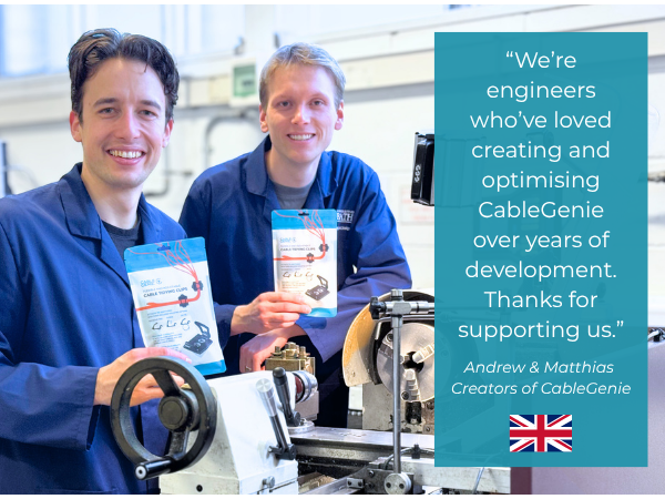 Picture of the founders with product and quote.