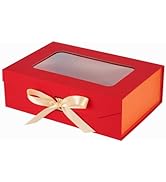 PLINJOY Red Gift Box for Presents with Ribbon 10.8x7.5x3.5 Inches Clear Gift Box with Window Magn...