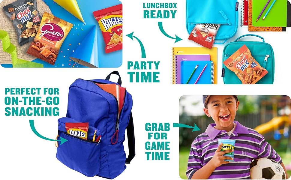 School supplies, backpack, kid with a soccer ball, various snacks, and the words party time