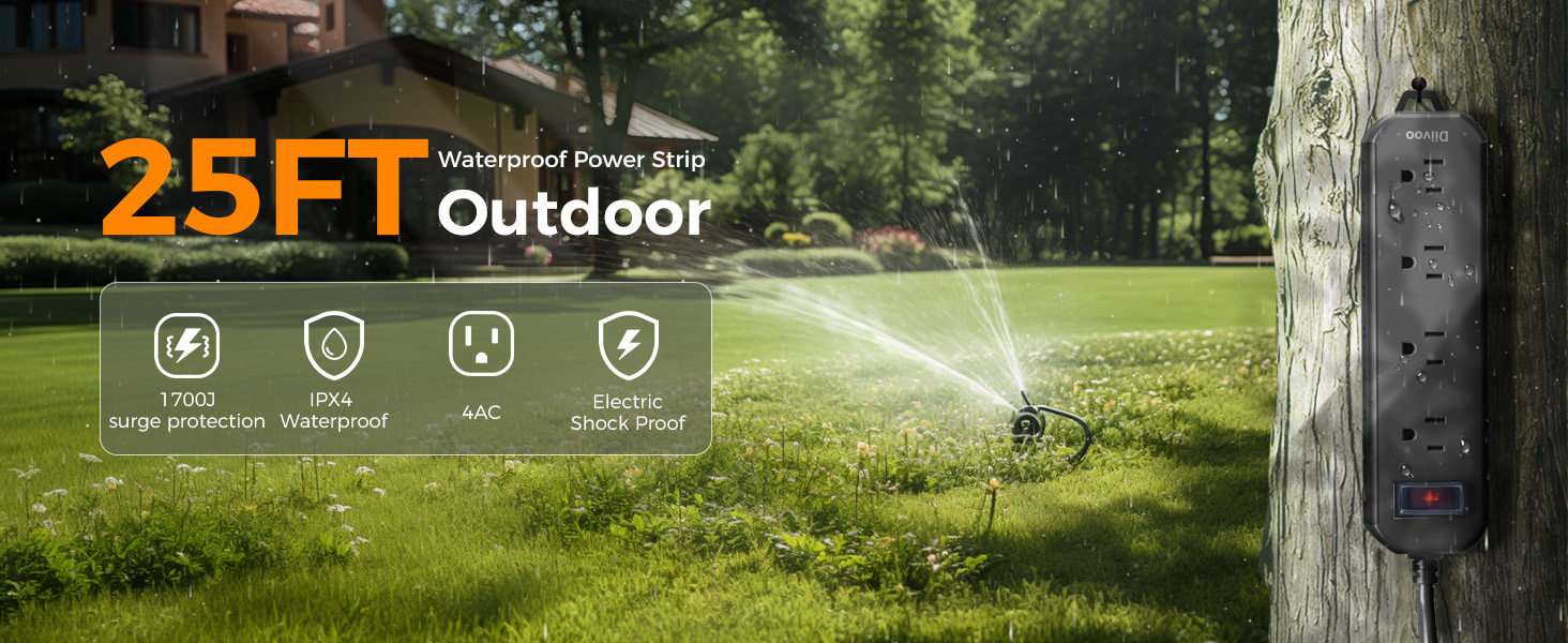 Outdoor Power Strip Weatherproof, 25 FT Extension Cord