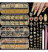 Teenitor Gold Nail Charms and Gems Set, 4 Boxes Nail Gems Nail Pearls Nail Art Tools, 3D Cross Na...