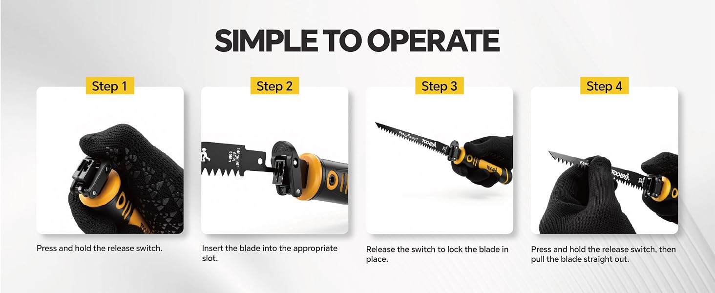 Fit reciprocating blade: Press switch, insert lock; hold switch pull blade out.