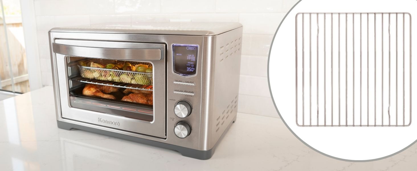 Kenmore digital toaster oven air fryer on a kitchen counter with inset closeup of wire rack