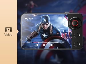 Mobile device video player interface showing movie scene, with playback controls and battery indicator visible on a dark background.
