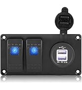 Qiilu 2 Gang Rocker Switch Panel 3 Pin On Off Pre-Wired Rocker Switch Aluminum Panel Waterproof S...