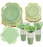 Sage Green Paper Plates and Napkins Party Supplies Serves 24,Green Scalloped Party Plates with Go...