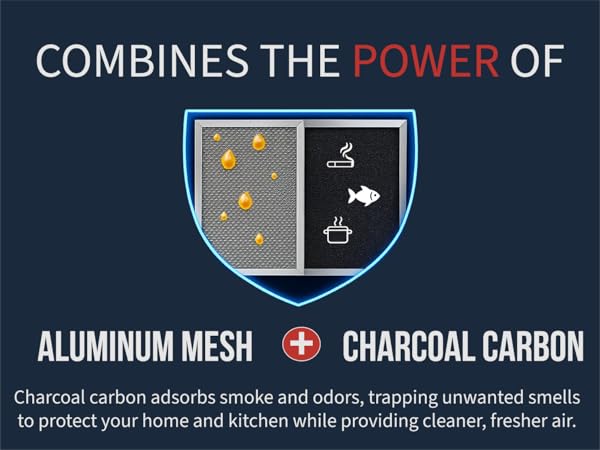 Shield with one side mesh filter with grease, and other side charcoal filter with odors