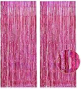 2 Pack 3.2ft x 8.2ft Pink Metallic Tinsel Foil Fringe Curtains Backdrop for Pink Party Birthday W...
