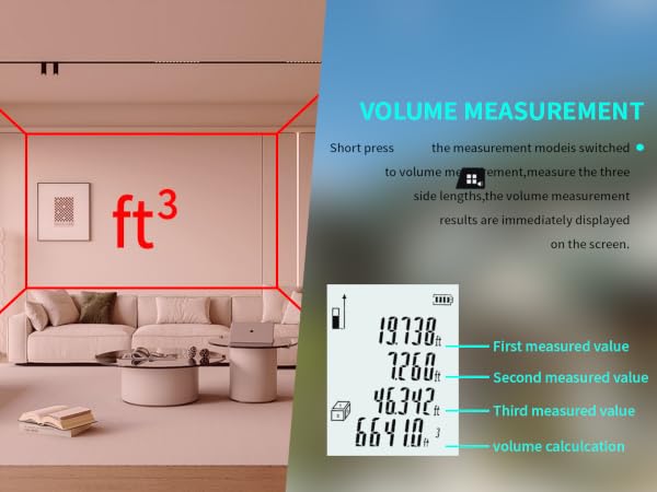 Volume mode. Measure three sides, results displayed on screen, calculate total volume.