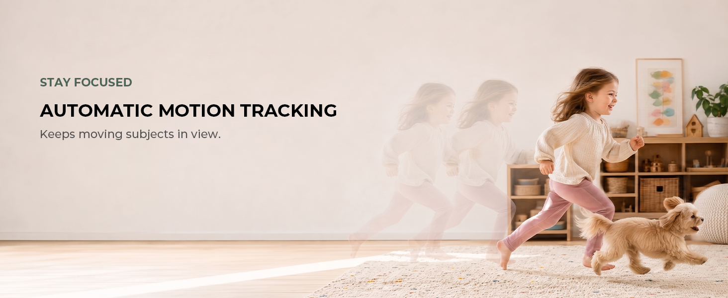 Woman and dog moving through a living room, illustrating automatic motion tracking.