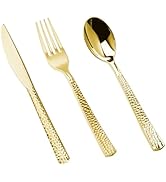 Pryntono 150PCS Gold Plastic Silverware, Heavy Duty Hammered Plastic Cutlery Set, Disposable Uten...