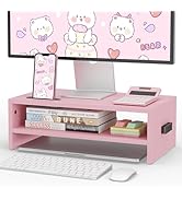 BONTEC Wooden Monitor Stand Riser, 2-Tier Desk Shelf with Storage Organizer, Ergonomic Computer S...