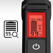 Digital measurement device with red LCD display showing voltage range 70V-1KV and percentage, featuring a power button and AC symbol.