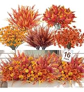 16 Bundles 5 Styles Artificial Fall Flowers for Outdoors Fall Decoration | UV Resistant No Fade F...
