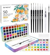50 Solid Watercolor Paint Set, Portable Travel Case, Built-in Palette with Detailed Brushes, Non-...
