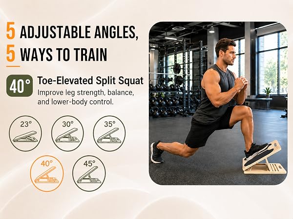 40° slant board for toe-elevated split squat and lower-body control.
