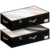 Two black fabric storage boxes with zippered lids, clear viewing windows, and tan handles. Boxes are stackable and have label holders for organization.