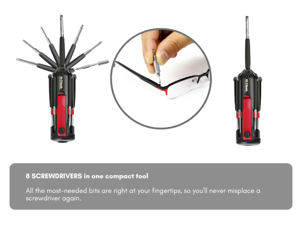 8 screwdrivers in one compact tool, most needed screwdriver tips