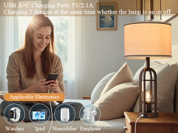 Table Lamps for Living Room Set of 2 Retro Farmhouse Nightstand Lamps with USB A+C Ports