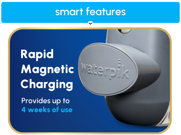 Image of Waterpik Cordless Advanced water flosser charger with text reading rapid magnetic charging.