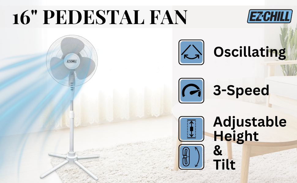 EZ-CHILL 16 inch oscillating pedestal fan white 3-speed