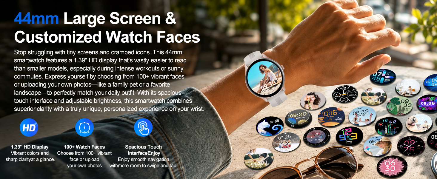 44mm smartwatch with 1.39" HD screen, 100+ watch faces or custom photo. Easy to read outdoors.