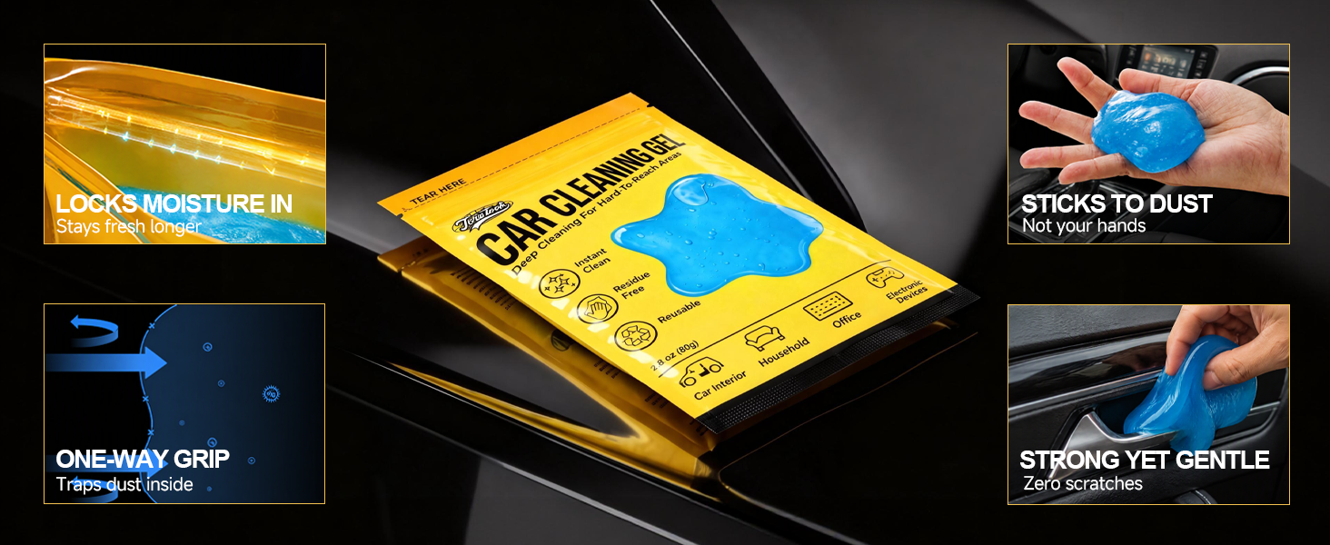 Car cleaning gel pouch locks moisture, grips dust, zero scratches.