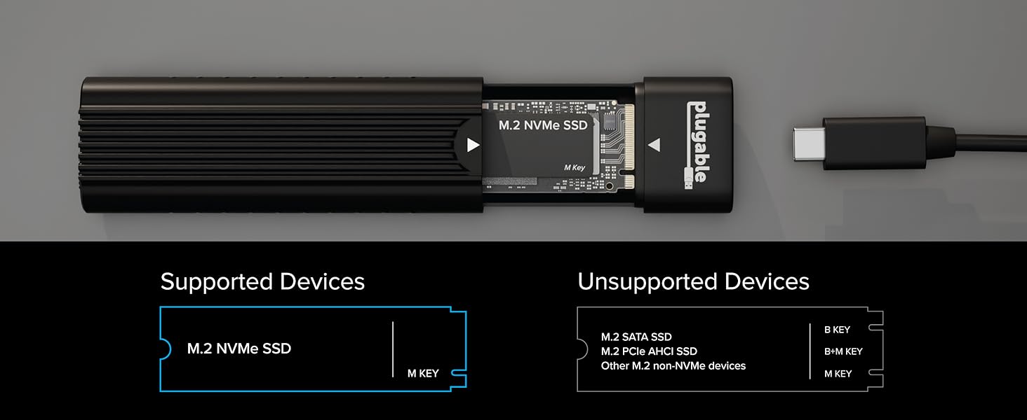 Open nvme ssd enclosure usb c with M.2 NVMe SSD inside and diagram showing supported devices