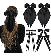 6PCS Silk Satin Hair Bows Hair Clip Long Black Hair Ribbon Bow Hair Bow Clips Variety Style for W...