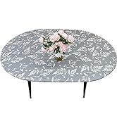 LIBERECOO Oval Tablecloth Vinyl Fitted Elastic Edge with Flannel Backing - Misty Leaves Grey - Wa...