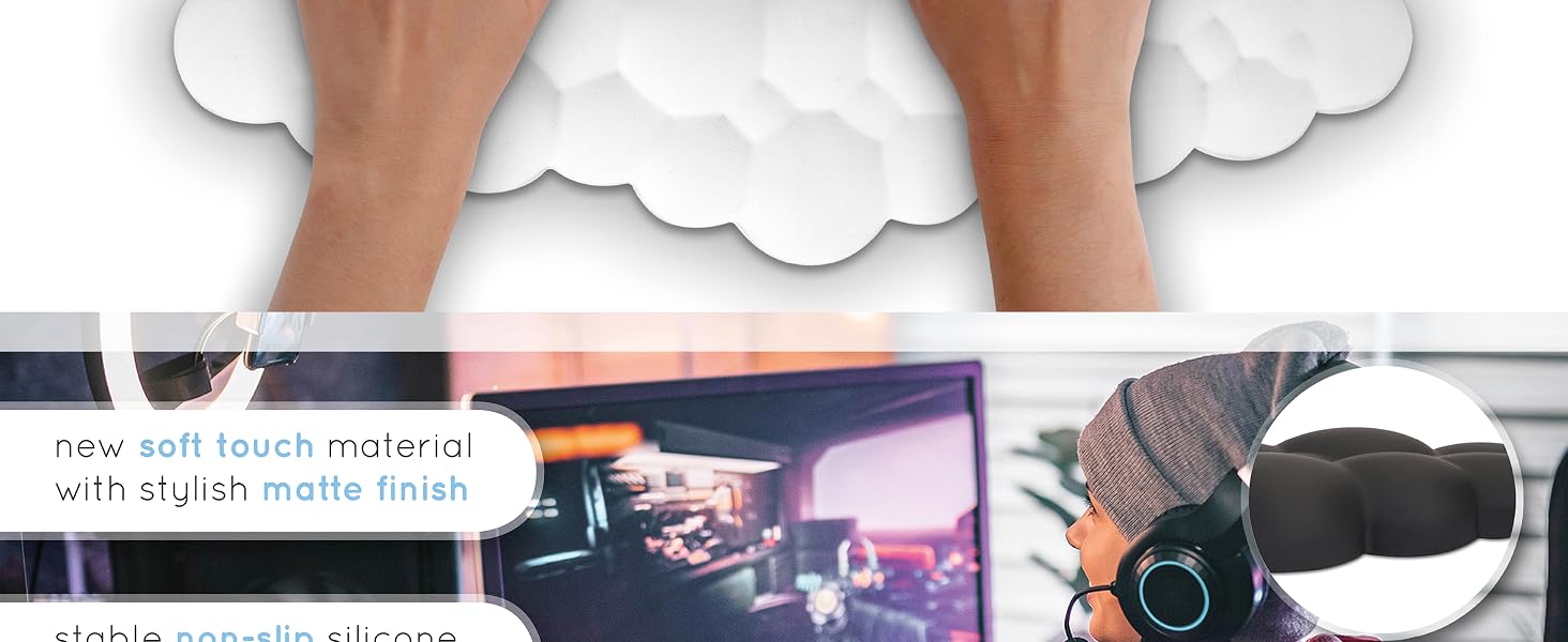 Two hands typing on keyboard with white cloud wrist rest for computer keyboard on a white background
