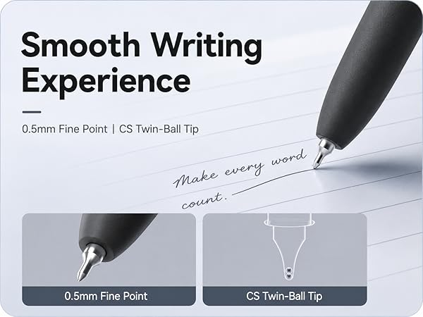 0.5mm fine point gel ink pens with smooth writing, consistent ink flow and CS twin-ball tip