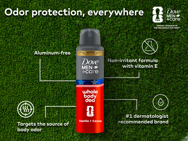FIFA & Dove Men+Care logos, the Whole Body Deo benefits infographic (Aluminum free, Vitamin E, etc.)