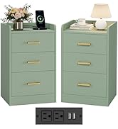 FOTOSOK Nightstands Set of 2 with Charging Station, 3 Drawer Nightstand with Gold Handles, Green ...