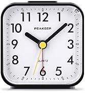 Peakeep Small Battery Operated Analog Travel Alarm Clock Silent No Ticking, Lighted on Demand and...