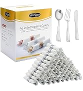 ISFANGCO 50 Pack Pre Rolled Silver Plastic Silverware Set with Napkins,Disposable Wrapped Heavy D...