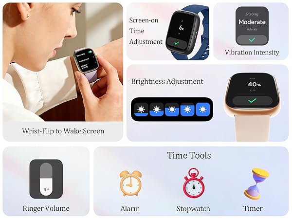 Text reads: 'Wrist-Flip to Wake Screen, Screen-up Time Adjustment, Brightness Adjustment, Vibration Intensity, Ringer Volume, Time Tools, Alarm, Stopwatch, Timer'. Interface showing smartwatch settings and controls with blue icons.