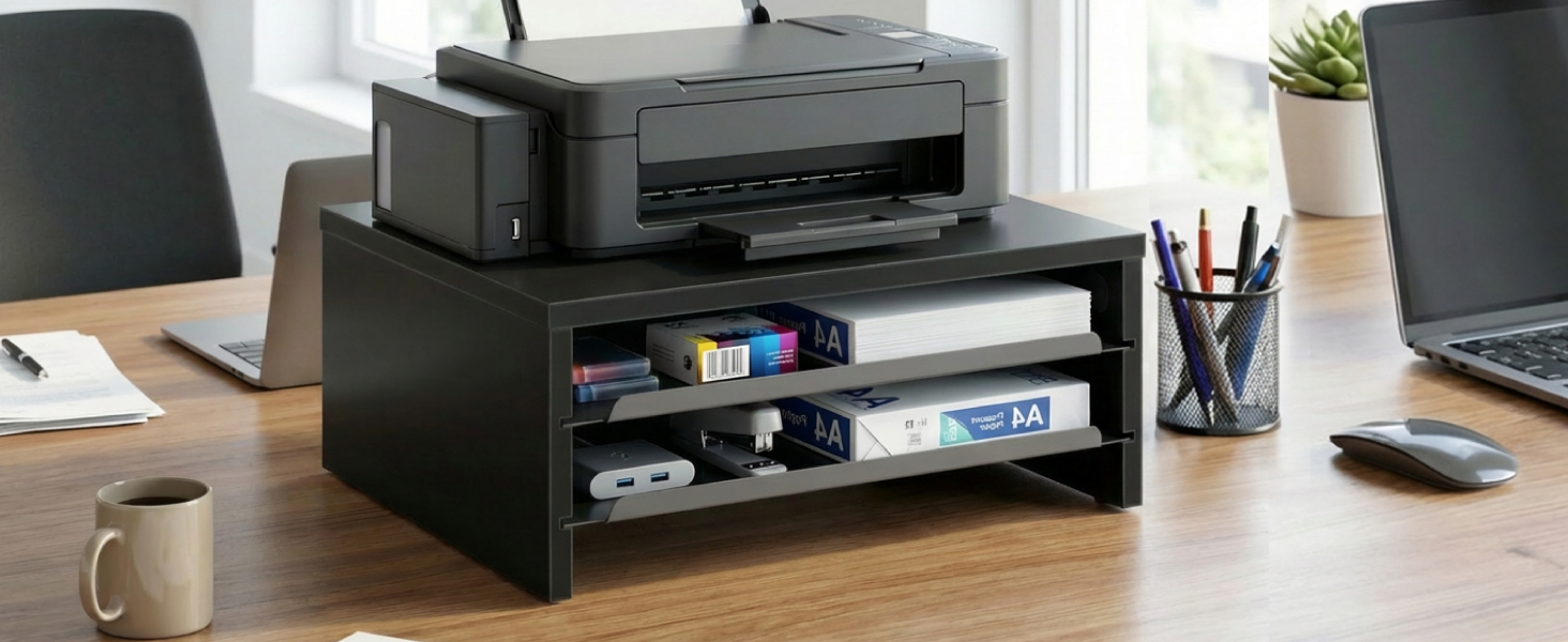 desk riser can also functions as laptop stand, printer stand, desk organizer, organizing your device